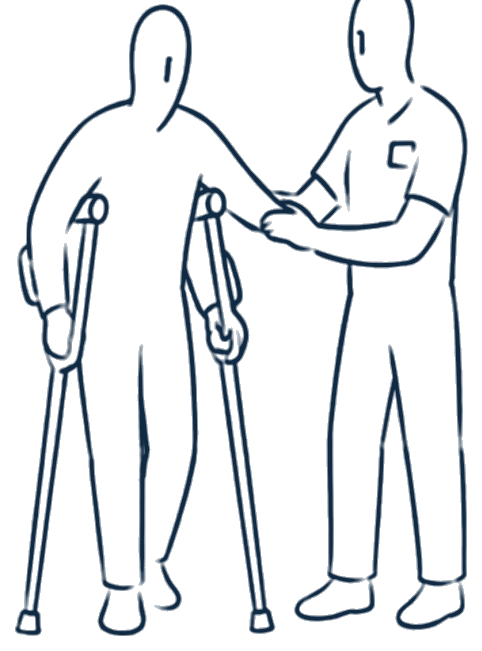 Illustration of a physiotherapist helping a patient walk with crutches